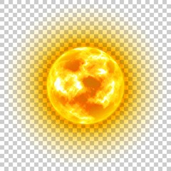 Sun, transparent background, heavenly body, cartoon, realistic. Star in center of solar system for illustrators. Vector illustration of celestial luminary © Sunflower