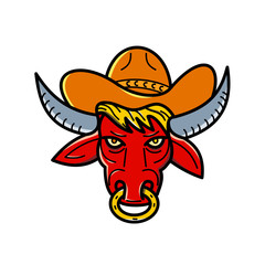 Mono line illustration of a red texas longhorn bull wearing a cowboy hat and nose ring viewed from front on isolated background done in monoline style.