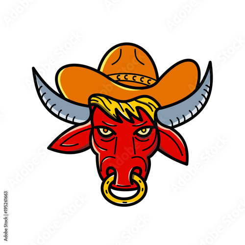 &ldquo;Mono line illustration of a red texas longhorn bull wearing a cowboy