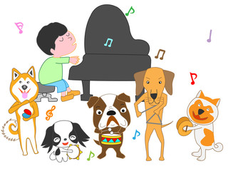 Obraz na płótnie Canvas 犬のコンサート。犬が楽器で演奏している。