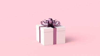 White gift box with purple ribbon, on pink background. Concept for women, birthday, weddings, and others. 3D Rendering.