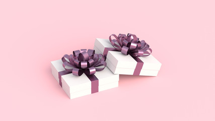 White gift boxes with purple ribbon, on pink background. Concept for women, birthday, weddings, and others. 3D Rendering.