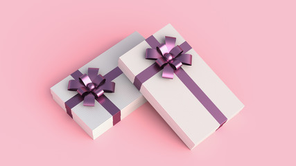 Small luxury white gift boxes with purple ribbon, on pink background. Concept for women, birthday, weddings, and others. 3D Rendering.