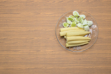 Vegetables and Shrimp-paste sauce on wooden background.