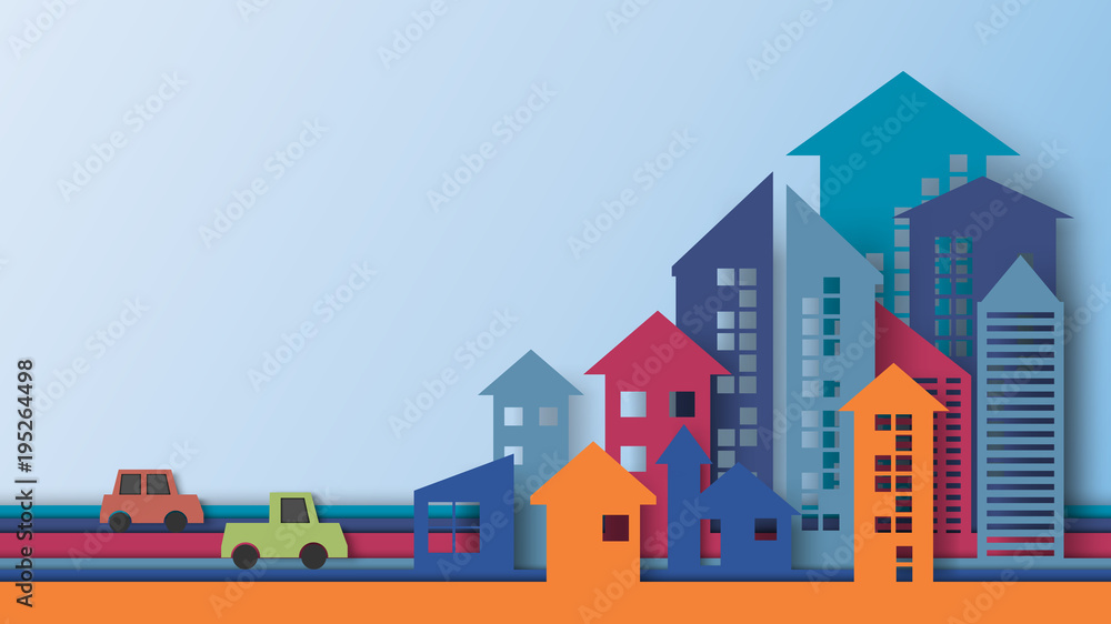 Aufkleber business concept of paper art style.cityscape building with arrows shape look like growing graph and