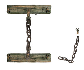 letter I from rusty old chains and rotten wooden leash, isolate on white background