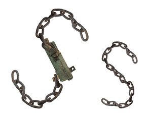 letter S from rusty old chains and rotten wooden leash, isolate on white background