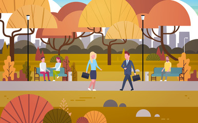 Businesspeople Walking Through Autumn Park Over People Having Rest Relaxing Sit On Bench And Communicate Outdoors Flat Vector Illustration