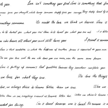 Seamless pattern made of handwritten text. Phrazes and quotes about love and relationships. English words and lettern written by hand in black and white monochrome colors