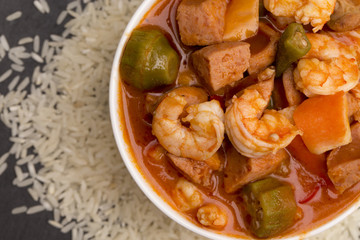 A Bowl of Cajun Seafood Gumbo on a Slate Countertop