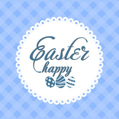 Happy Easter greeting card with handwritten text on blue background. Vector. Vector.