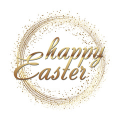 Happy Easter greeting card with gold sparkles dots and text. Vector.