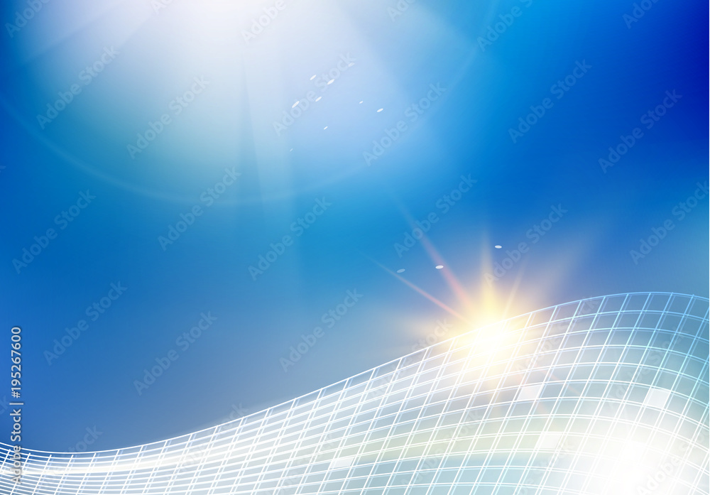 Poster blue sky illustration for science theme. image with text place, light splash and rectangular mesh at