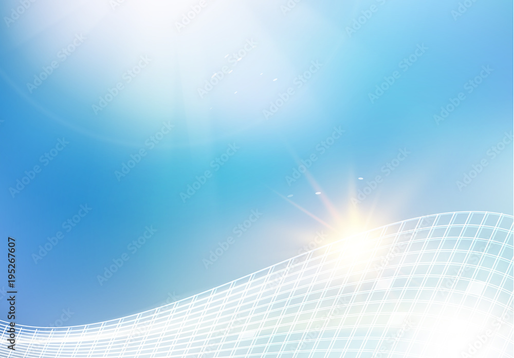 Poster blue sky illustration for science theme. image with text place, light splash and rectangular mesh at
