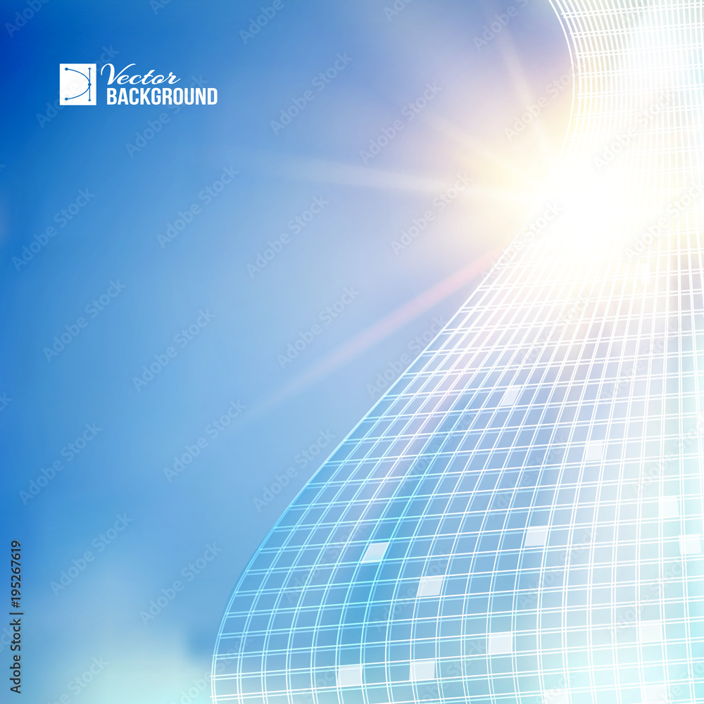 Poster blue sky illustration for science theme. image with text place, light splash and rectangular mesh at