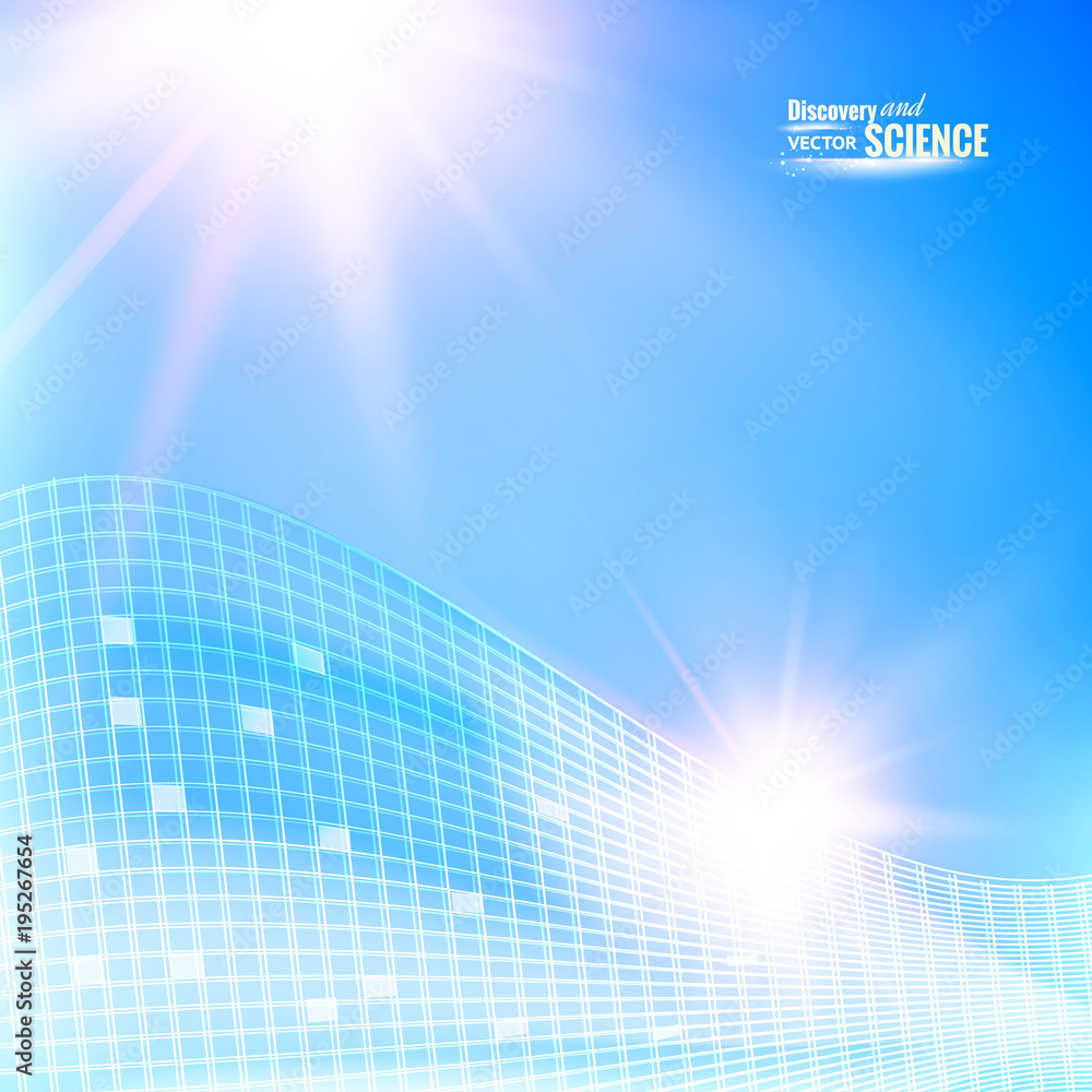 Poster Blue sky illustration for science theme. Image with text place, light splash and rectangular mesh at the bottom. Abstract science background.