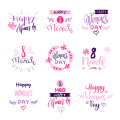Happy Women Day Labels Collection Pink Lettering Set For Decoration And Greeting On White Background Vector Illustration