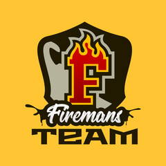 Colorful badge, emblem, logo, sticker on the theme of the work of firefighters. Burning letter, fire, shield, background. T-shirt printing, vector illustration