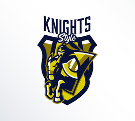 Logo, emblem, sticker, badge of a knight galloping on a horse. A warrior in iron armor, a swordsman, a crusader, a hero, a mascot, a stallion, a shield. T-shirt printing, vector illustration