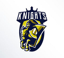 Logo, emblem, sticker, badge of a knight galloping on a horse. A warrior in iron armor, a swordsman, a crusader, a hero, a mascot, a stallion, a shield. T-shirt printing, vector illustration