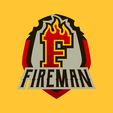 Colorful badge, emblem, logo, sticker on the theme of the work of firefighters. Burning letter, fire, shield, background. T-shirt printing, vector illustration