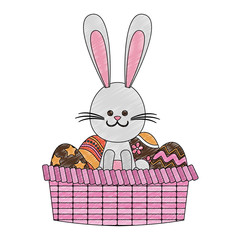 Cute rabbit on basket with easter eggs icon vector illustration graphic design