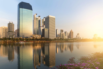 Beautiful cityscape - modern buildings near the Benjakitti Park in Bangkok.