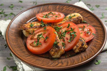 National Greek dish saganaki. Close up. 
