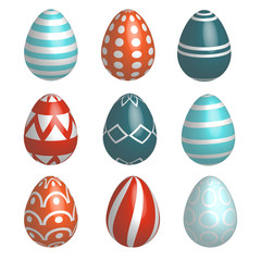 Set of nine realistic colorful vector Easter eggs with simple patterns and shadow on white background