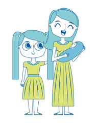 smiling mother is holding her little baby and daughter