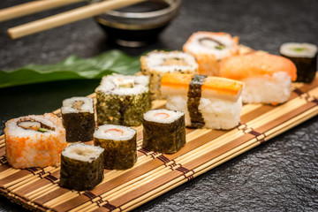 Sushi rolls hosomaki and uramaki