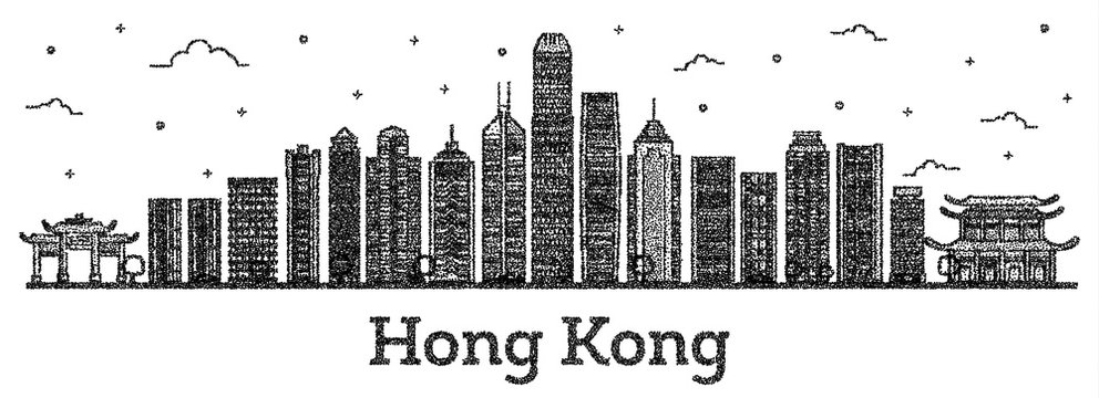 Engraved Hong Kong China City Skyline with Modern Buildings Isolated on White.