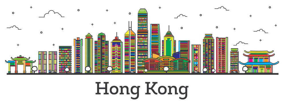 Outline Hong Kong China City Skyline with Color Buildings Isolated on White.