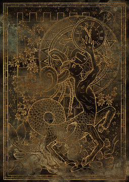 Zodiac sign Capricorn on old grunge texture background. Hand drawn fantasy graphic illustration in frame