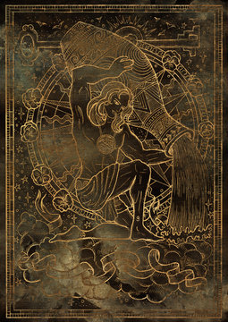 Zodiac sign Aquarius on old fabric texture background. Hand drawn fantasy graphic illustration in grunge 