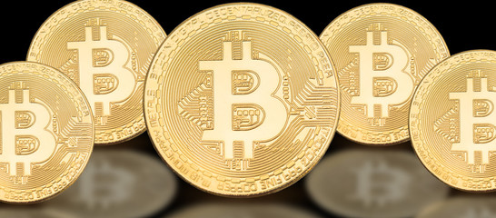 Cover photo for social media profile: a set of bitcoins on a solid background