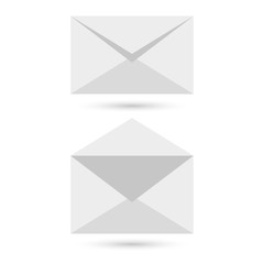 Two blank envelopes - opened an closed, with soft shadows, on gray background