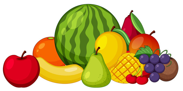 Different types of fruits on white background