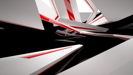 Abstract white, black and red interior with window. 3D illustration and rendering.
