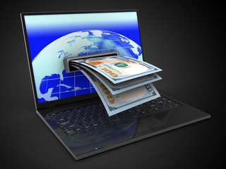 3d laptop computer and banknotes