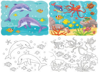 Cute sea animals. Ocean. Coloring book. Coloring page. Funny cartoon characters