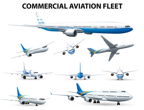 Airplane in different positions for commercial aviation fleet