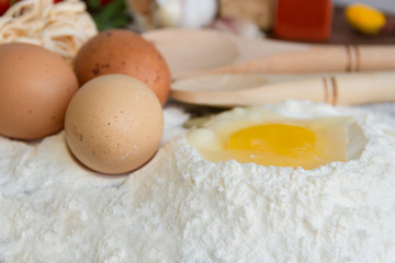 ingredients preparation spaghetti with eggs, tomatoes herbs and spices