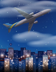 Obraz na płótnie Canvas Airplane flying over buildings in city