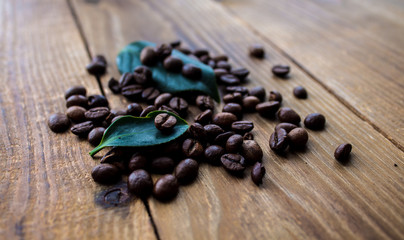 coffe beans and green leaf