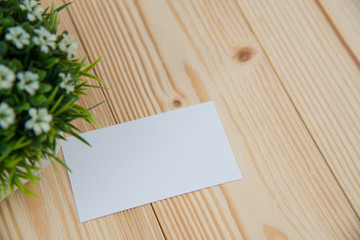 Blank business cards and little decorative tree in white vase on wooden working table with copy space for add text ID. and logo, business company concept.