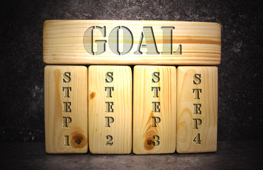 Wood blocks with letters. Big wooden blocks with words. Goal - text on wooden blocks on dark grey background.