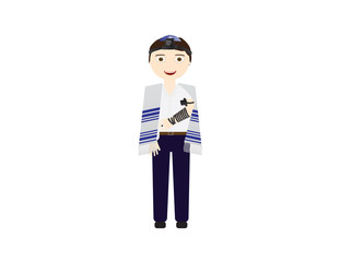 Reform Jewish boy with tefillin and tallit vector illustration. Boy celebrating Bar mitzvah, yom kippur, rosh hashanah, Jewish holidays