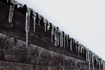 Icicles on roof on dark brown wooden wall background in cold winter day. Climate changes signs.