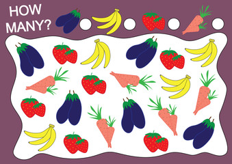 Counting game for preschool children. How many fruits, berries and vegetables. Learning numbers, mathematics.